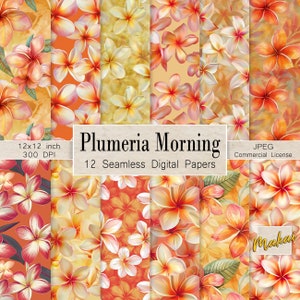 May include: A set of 12 digital papers featuring a seamless pattern of pink and yellow plumeria flowers on a variety of backgrounds. The papers are 12x12 inches and 300 DPI.  Plumeria Morning 12 Seamless Digital Papers JPEG Commercial License Makai