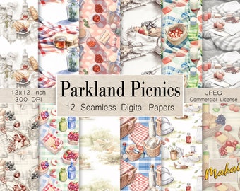 May include: Twelve digital paper designs featuring watercolor illustrations of picnic scenes. The papers feature a variety of picnic elements, including baskets, food, drinks, and checkered blankets. The papers are 12x12 inches and 300 DPI.  Parkland Picnics 12 Seamless Digital Papers JPEG Commercial License.