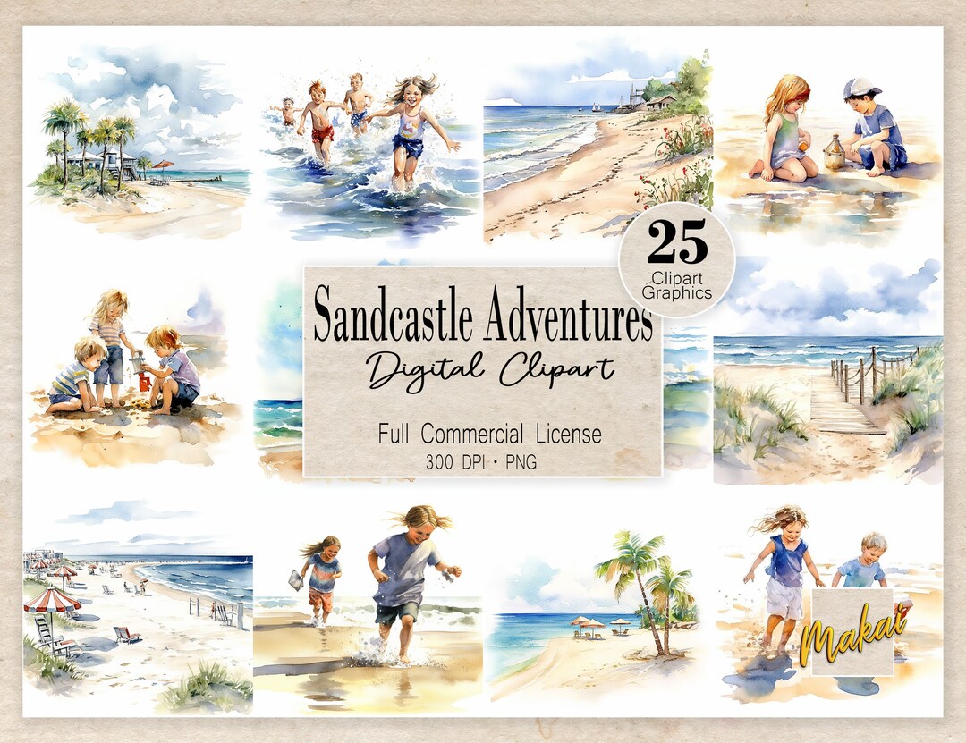 20 Clip Art Graphics, Watercolor Beach Clipart, Instant Download, Full ...