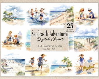 20 clip art-graphics, aquarel strand clipart, instant download, volledige licentie voor commercieel gebruik, digitale downloads zomer strand