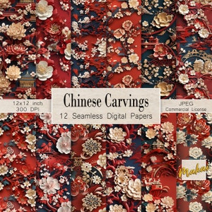 Può includere: Dodici design di carta digitale con intricati intagli in stile cinese di fiori, rami ed edifici in rosso, oro e bianco su uno sfondo blu. Il testo "Chinese Carvings" e "12 Seamless Digital Papers" è incluso nell'immagine.