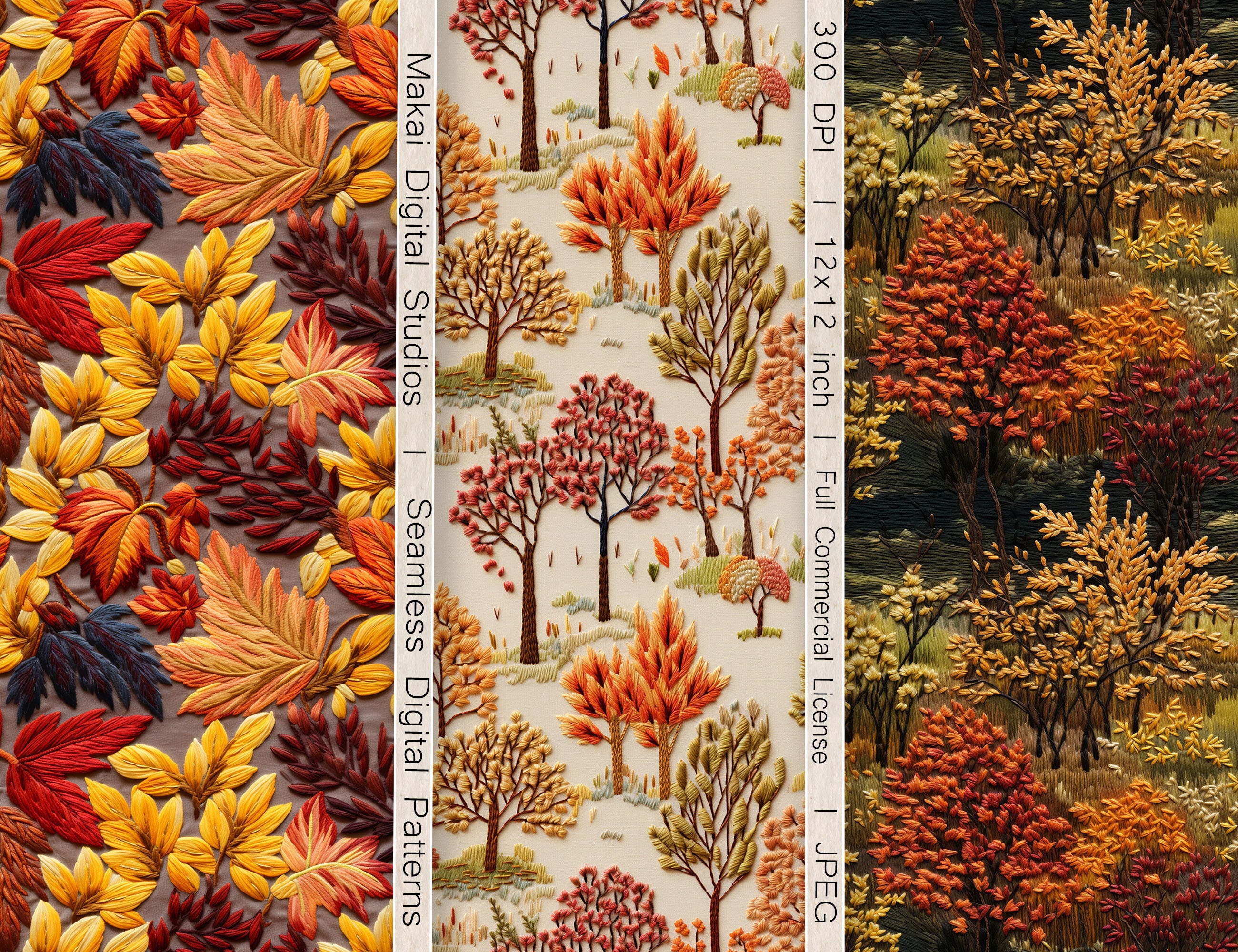 Embroidered Fall Leaves & Trees Seamless Patterns, 12 Seamless Digital ...