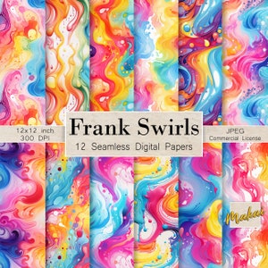 May include: Twelve digital papers featuring colorful abstract swirls in shades of blue, pink, yellow, orange, and purple. Each paper is 12x12 inches and 300 DPI. The papers are seamless and can be used for a variety of projects.