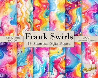 12 patrones digitales sin costuras, remolinos en colores de los 90, uso para tarjetas, invitaciones, sublimación, impresión en tela, licencia comercial