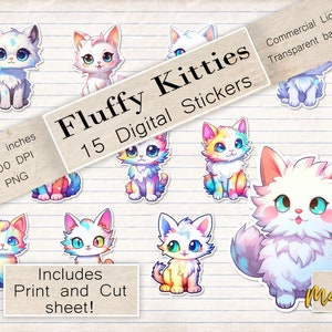 15 Printable Stickers, Instant Download, Cartoon Anime Cats, Digital stickers for digital journals, digital scrapbooking, & Print then Cut