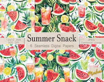 6 naadloze patronen aquarel watermeloen: zomerpicknick digitaal papier (commercieel gebruik)