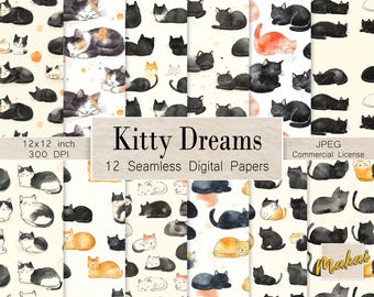 Watercolor Cat Seamless Patterns: Calico, Black Cat Fabric Print (Digital Download, 12"x12")