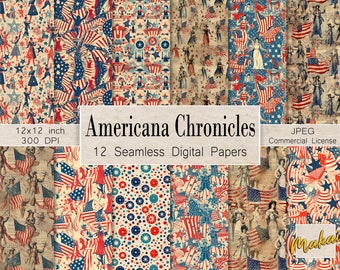 12 Seamless Digital Patterns, Vintage 4th of July Americana, Use for cards, invitations, envelopes, scrapbooking, Patriotic Independence Day