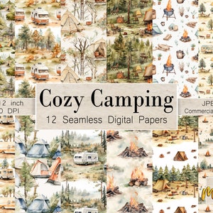 Viagem de acampamento de outono, 12 papéis digitais sem costura, uso para diários, impressão em tecido, scrapbook, arte digital, licença comercial, RV e barraca