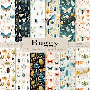 Peut inclure: Douze papiers numériques avec un motif sans couture d'insectes colorés, de fleurs et de feuilles. Les papiers mesurent 30,5 x 30,5 cm et 300 DPI. Le texte "Buggy 12 Seamless Digital Papers" est au centre de l'image. Le texte "JPEG Commercial License" est dans le coin inférieur droit de l'image.