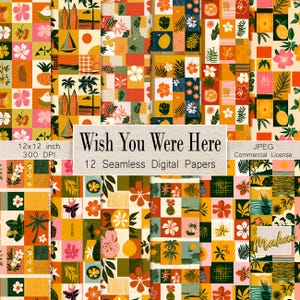 12 hawaiianische nahtlose Muster der Mitte des Jahrhunderts, Tropische Retro-Hintergründe, Hawaii für Stoffdruck, Scrapbooking, Sublimation, kommerzielle Nutzung