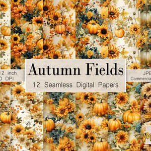 Calabazas de acuarela y flores de otoño, 12 patrones digitales sin costuras, uso para impresión en tela, tarjetas, sublimación, envoltura de regalos, licencia comercial