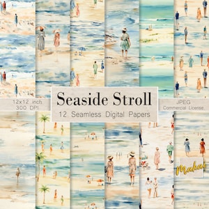 12 patrones digitales sin costuras, andadores de playa vintage en acuarela, uso para tarjetas, invitaciones, sublimación, impresión en tela, licencia comercial