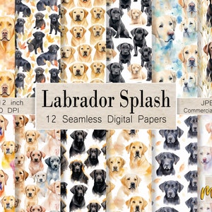 May include: Twelve digital papers featuring seamless patterns of Labrador Retriever dogs in various poses. The patterns include yellow, black, and brown Labrador Retrievers on white backgrounds. The papers are 12x12 inches and 300 DPI.