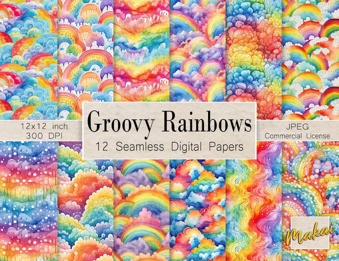 12 Seamless Digital Papers, Retro Watercolor Rainbow Patterns, for ...