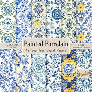 Könnte beinhalten: Zwölf digitale Papiere mit einem nahtlosen Muster aus blauen und gelben floralen Designs, inspiriert von bemalter Porzellan. Die Papiere sind 30,5 x 30,5 cm groß und haben 300 DPI.