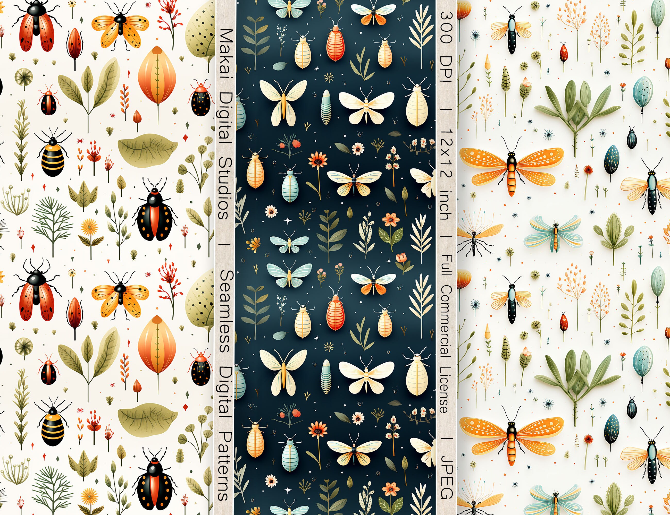 Boho Insects 12 Seamless Digital Patterns, Vintage Boho Insects and Flowers, Use for ...
