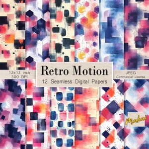 May include: Twelve digital papers with geometric patterns in shades of pink, blue, and yellow. The papers are seamless and have a watercolor effect. The text "Retro Motion" and "12 Seamless Digital Papers" is included in the image.
