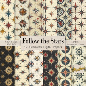 May include: Twelve digital papers featuring a vintage compass and star design. The papers are in a variety of colors, including red, blue, gold, and white. The papers are seamless and can be used for a variety of projects, such as scrapbooking, card making, and digital design.