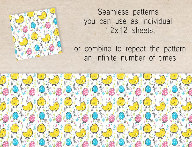 6 Seamless Digital Papers, Colorful Easter Chick Pattern, Spring ...