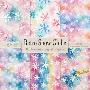 May include: Six digital paper designs featuring a retro snow globe theme. The papers feature a watercolor background with a rainbow gradient and white snowflakes. The papers are 12x12 inches and 300 DPI.