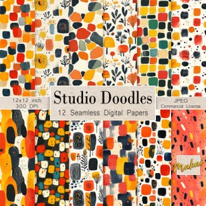 12 patrones abstractos modernos sin costuras, texturas de pincel dibujadas a mano, diseño retro para impresión en tela, scrapbooking, sublimación y uso comercial.