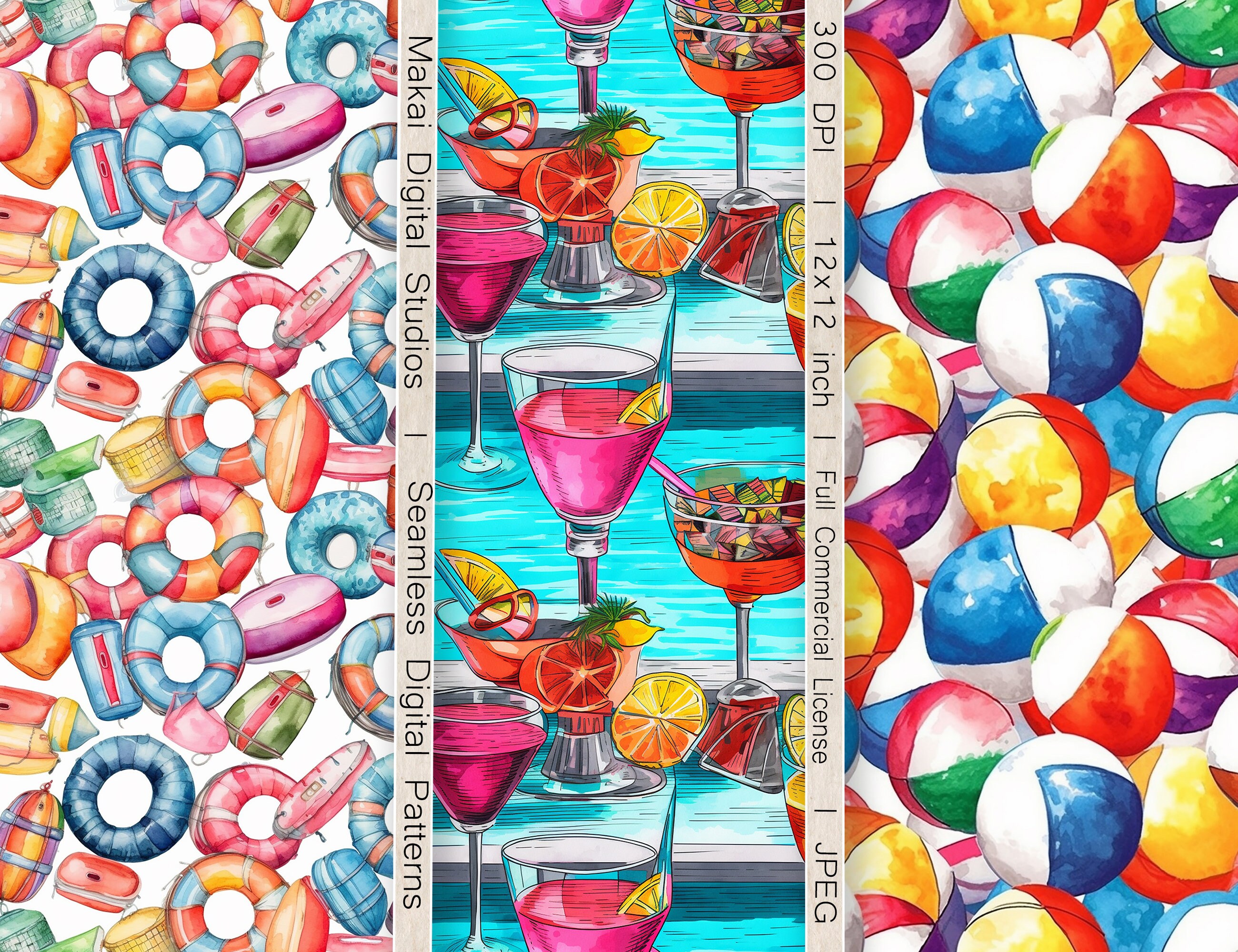 12 Seamless Digital Patterns, Summer Pool Party, Use for Invitations ...