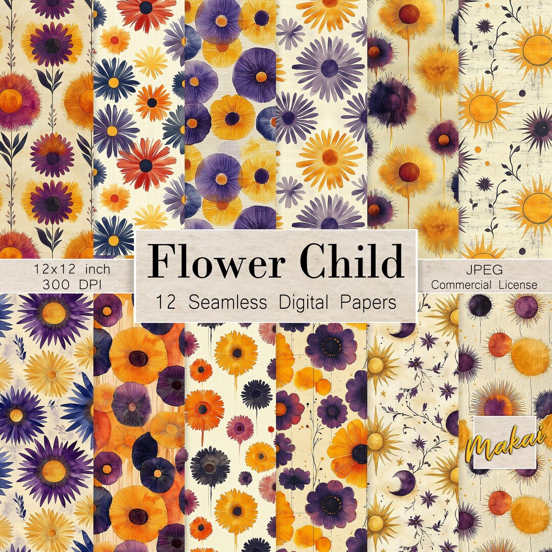 12 Retro Floral Seamless Patterns: 70s Wildflower Digital Paper (JPEG ...