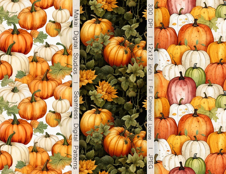 Watercolor Pumpkin Seamless Patterns: Fall Digital Paper (commercial ...