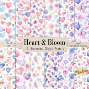 12 patrones digitales sin costuras, corazones y rosas de acuarela de color rosa y morado para San Valentín, impresión sobre tela, tarjetas, diseño web, licencia comercial