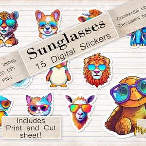 15 Printable Stickers, Instant Download, Cute Summer Animals, Digital stickers for digital journals, digital scrapbooking, & Print then Cut