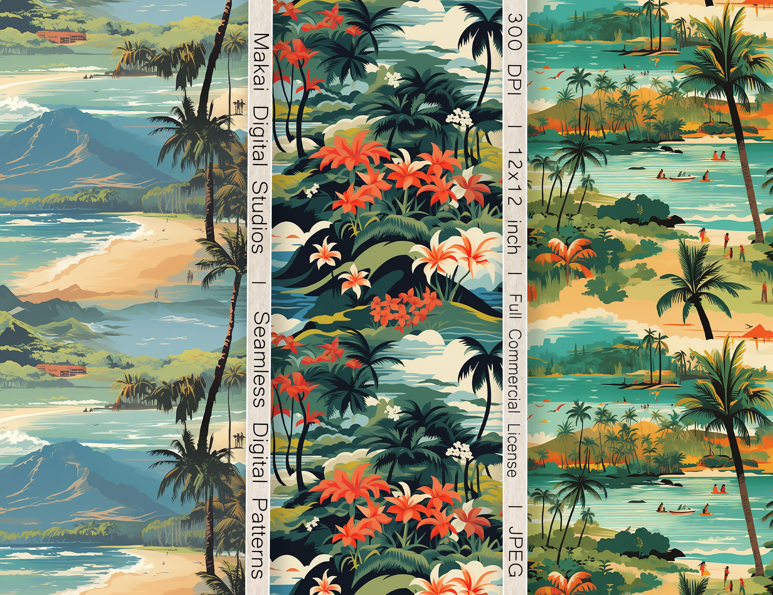 12 Seamless Digital Patterns, Vintage Hawaiian Travel Patterns, Use for ...
