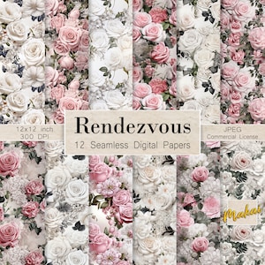 12 digitale nahtlose Muster, weiße rosa Rosen-Hochzeitssträuße, Für Karten, Einladungen, Sublimation, Stoffdruck, kommerzielle Lizenz