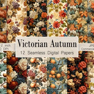 Florais de Outono Vitorianos, 12 Padrões Digitais Sem Costura, Uso para impressão de tecido, cartões, Licença Comercial, Junk Journal e Steampunk
