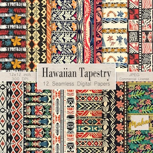 Op de afbeelding: Twaalf digitale papieren met Hawaiiaanse geïnspireerde patronen. De patronen omvatten geometrische ontwerpen, bloemmotieven en tropische bladeren in verschillende kleuren, waaronder rood, blauw, geel en groen. De papieren zijn 30,5 x 30,5 cm en 300 DPI.