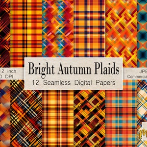 Plaids d'automne lumineux, 12 motifs numériques sans couture, à utiliser pour l'impression sur tissu, cartes, sublimation, invitations, emballage cadeau, couleurs de plaid d'automne