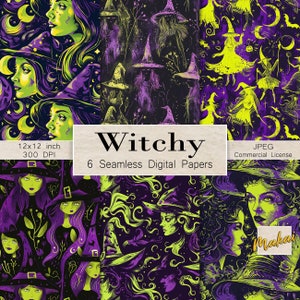 6 Digital Seamless Patterns, Green and Purple Witches for Halloween for cards, invitations, sublimation, fabric printing, Commercial license