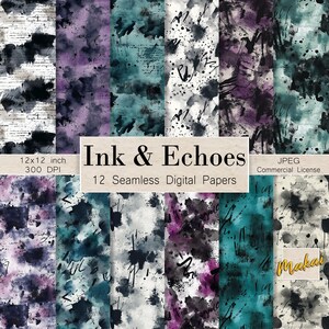 May include: Twelve digital paper designs featuring abstract watercolor patterns in shades of teal, purple, black, and white. The papers are seamless and feature ink splatters and handwritten text.