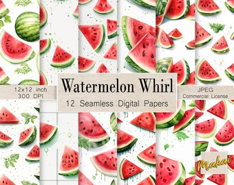 12 Digital Seamless Patterns, Watercolor summer watermelon backgrounds, Cards, invitations, sublimation, fabric printing, Commercial license