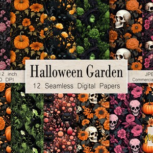 Jardín de Halloween, 12 patrones digitales sin costuras, uso para impresión en tela, tarjetas, sublimación, envoltura de regalos, manualidades con papel, licencia comercial completa