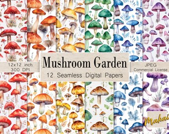 12 Seamless Digital Patterns, Fantasy Mushroom in a rainbow of colors, Use for cards, invitations, fabric, Whimsical watercolor mushrooms