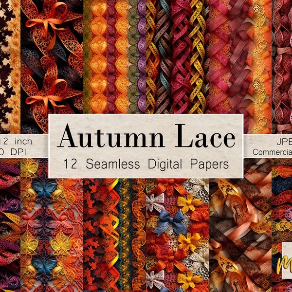 Autumn Lace Textures, 12 Seamless Digital Patterns, Use for fabric printing, cards, journals, sublimation, gift wrap, Commercial License