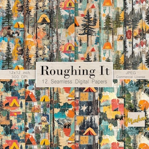 Puede incluir: Un paquete de papel digital con 12 patrones sin costuras con un tema de campamento. Los patrones incluyen imágenes de tiendas de campaña, árboles, osos y otros artículos relacionados con el campamento. Los patrones están en una variedad de colores, incluyendo azul, verde, marrón y amarillo. El texto "Roughing It" se muestra en la imagen.