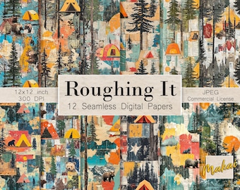 May include: A digital paper pack with 12 seamless patterns featuring a camping theme. The patterns include images of tents, trees, bears, and other camping-related items. The patterns are in a variety of colors, including blue, green, brown, and yellow. The text "Roughing It" is displayed on the image.