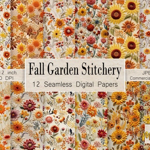 Embroidered Autumn Flowers, 12 Seamless Digital Patterns, Use for fabric printing, sublimation, Commercial License, Vintage Embroidery