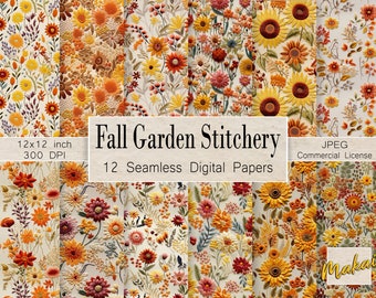 Embroidered Autumn Flowers, 12 Seamless Digital Patterns, Use for fabric printing, sublimation, Commercial License, Vintage Embroidery