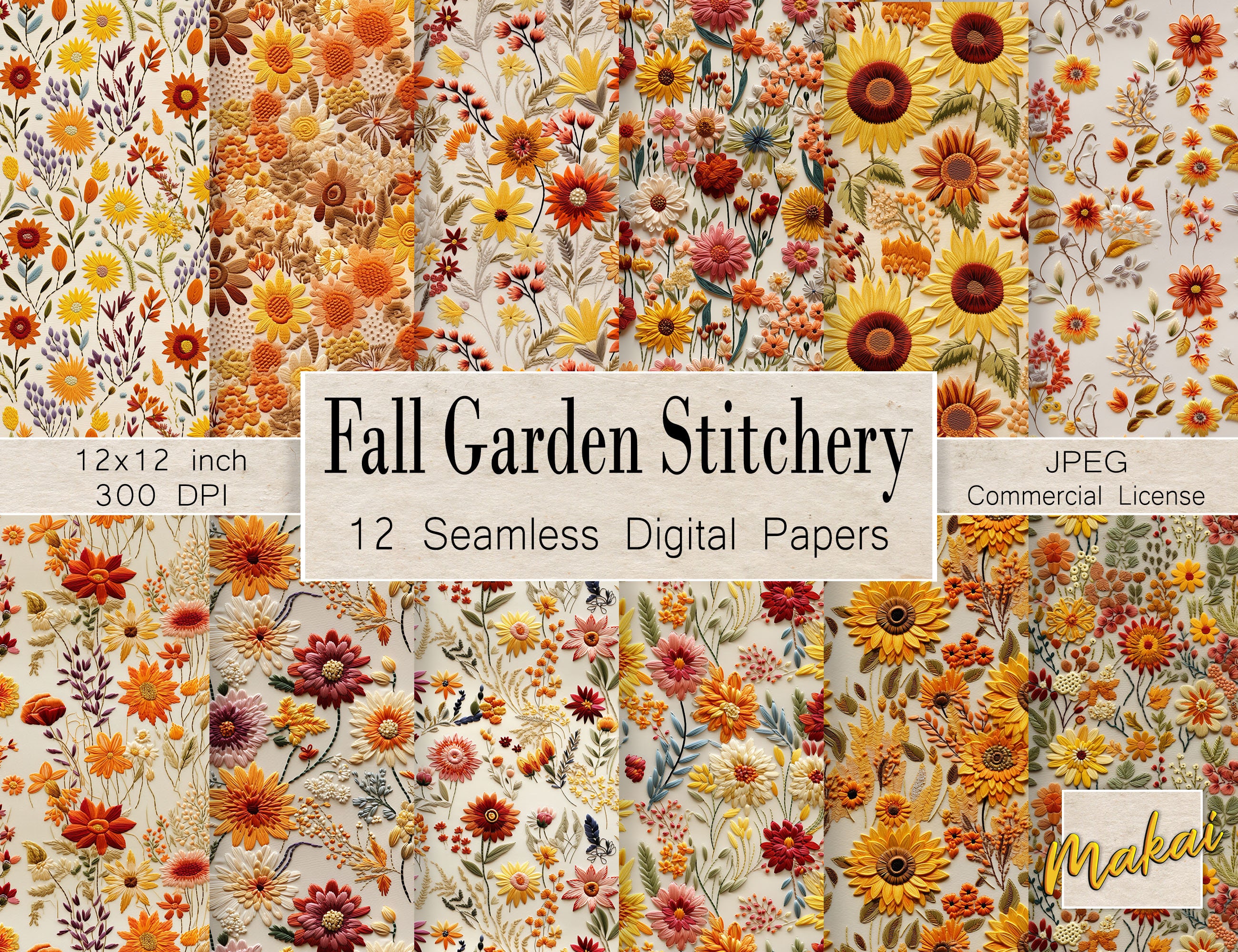 Embroidered Autumn Flowers, 12 Seamless Digital Patterns, Use for