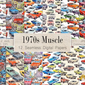 12 Seamless Digital Patterns, Classic Muscle Cars Use for invitations, scrapbooking, fabric printing, Father&#39;s Day, Full Commercial License