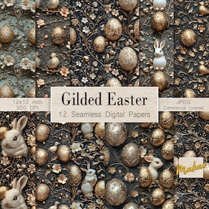 12 Ostern Nahtloses digitales Papier, luxuriöses goldenes Eimuster, eleganter Frühlingshintergrund, für Stoffdruck und Sublimation, kommerzielle Lizenz