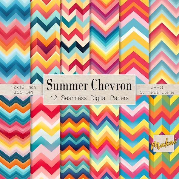 12 Seamless Digital Patterns, Bright Modern Summer Chevron, Use for cards, invitations, sublimation, fabric printing, Commercial license